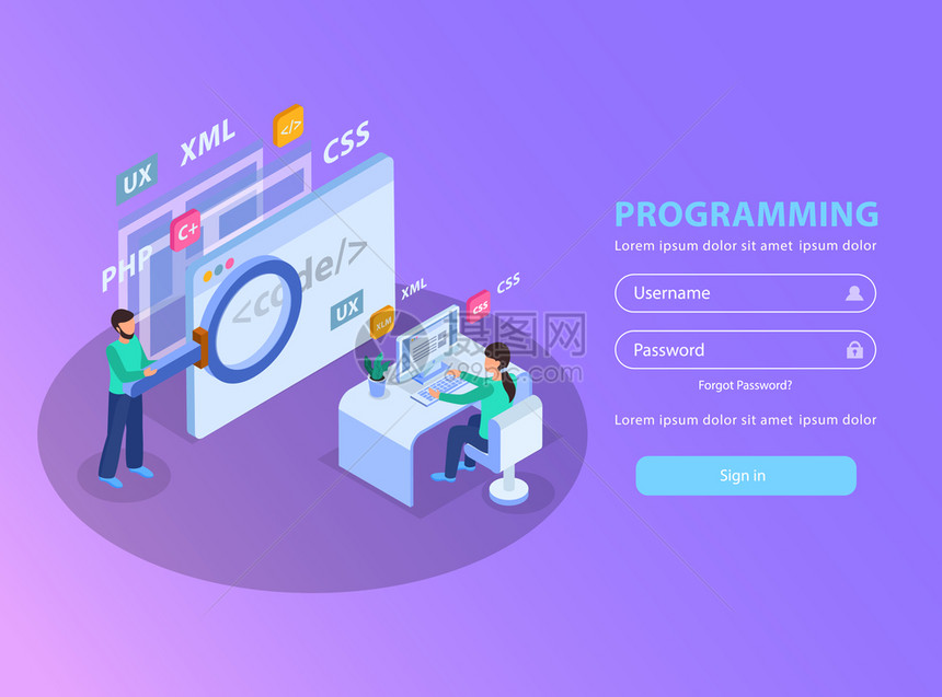 網頁開發等距背景標志頁與圖像字段的登錄密碼矢量插圖